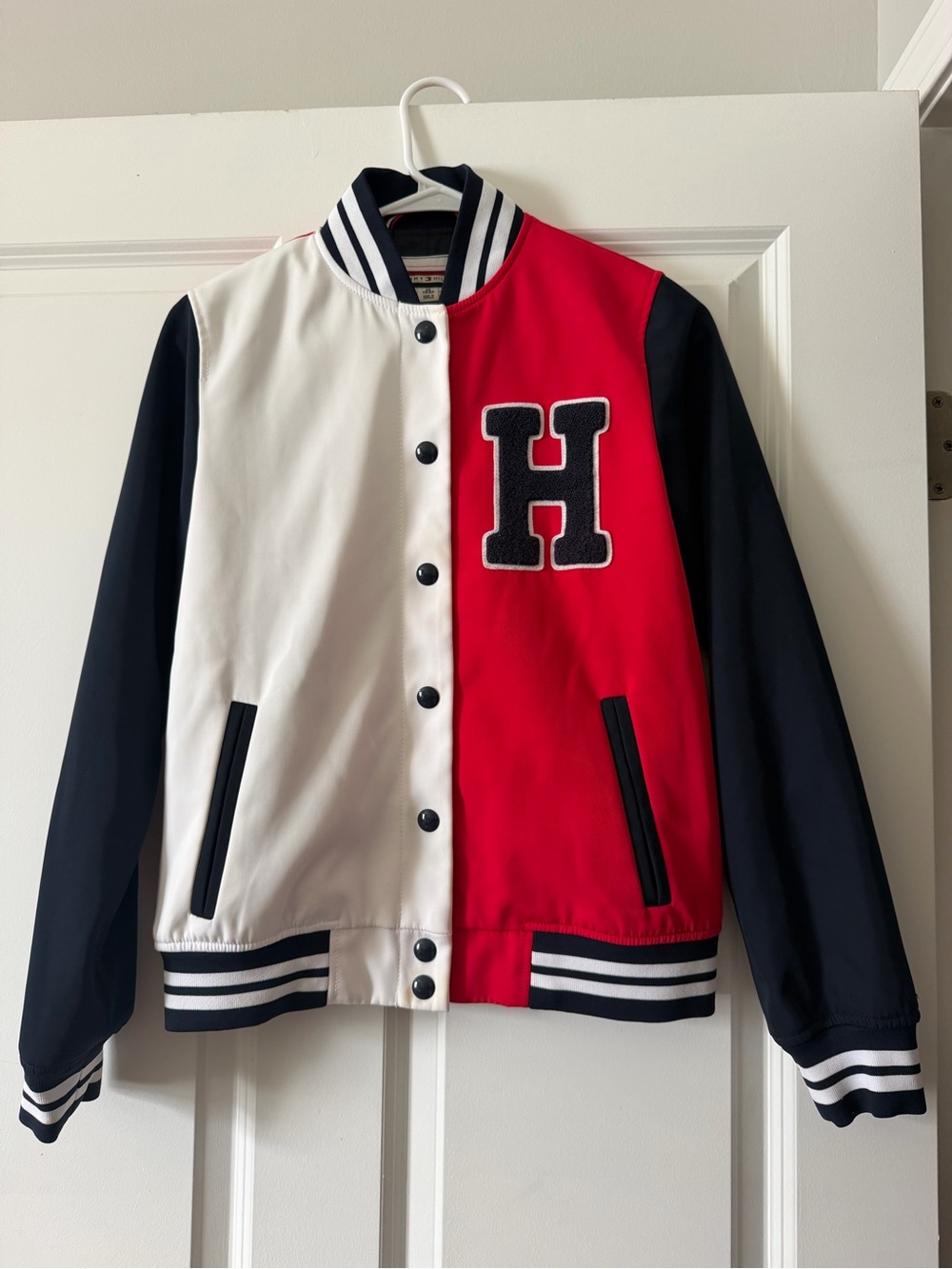Tommy Hilfiger Red White Black Colorblock Varsity Jacket with 'H' Patch